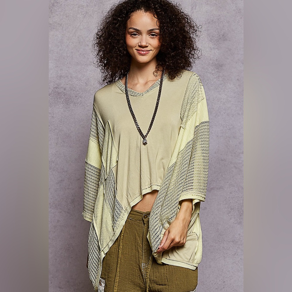 394B-PISTACHIO. Patched Oversized Sheer Contrast Solid Color Top